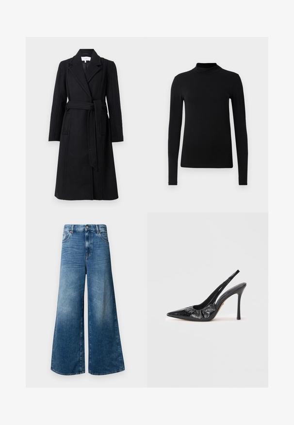 Schwarzer Wollmantel mit doppelter Knopfleiste, Reverskragen, langen Ärmeln und taillierter Taille. Verfügt über Seitentaschen und eine glatte Textur.; Schwarzes Langarm-Turtleneck-Shirt aus glattem Stoff; figurbetontes Design mit hohem Kragen und ohne sichtbare Nähte. Einfache, einfarbige Ausführung.; Weite Denim-Jeans in Mittelblau, mit klassischem Fünf-Taschen-Design, Knopfschluss und leichtem Verblassen für zusätzlichen Textur.; Schwarze Leder Slingback-Pumpe mit spitzer Zehe, geraffter Textur an der Vorderseite und hohem Stilettoschuh.