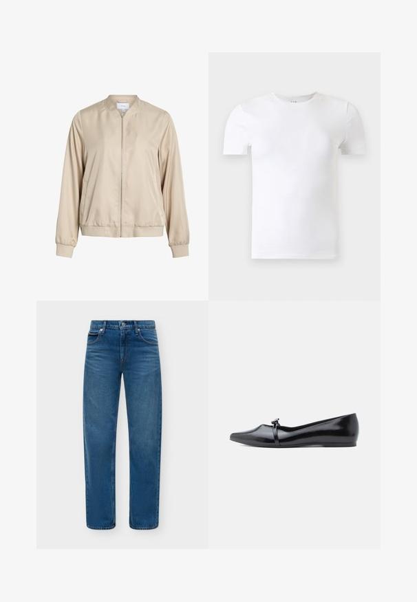 Beige bomberjakke lavet af glat stof, med rund halsudskæring, lynlås foran og elastiske manchetter og bund. Simpelt design uden mønstre.; Hvid kortærmet T-shirt med rund hals vist mod en lysegrå baggrund.; Blå straight-leg denim jeans med forreste knap og lynlås, med fem-lommer stil på en ensfarvet lys baggrund.; Sort laklæderballerina med spids tå, dekorativ rem og glat tekstur. Minimalistisk design uden synlige detaljer.
