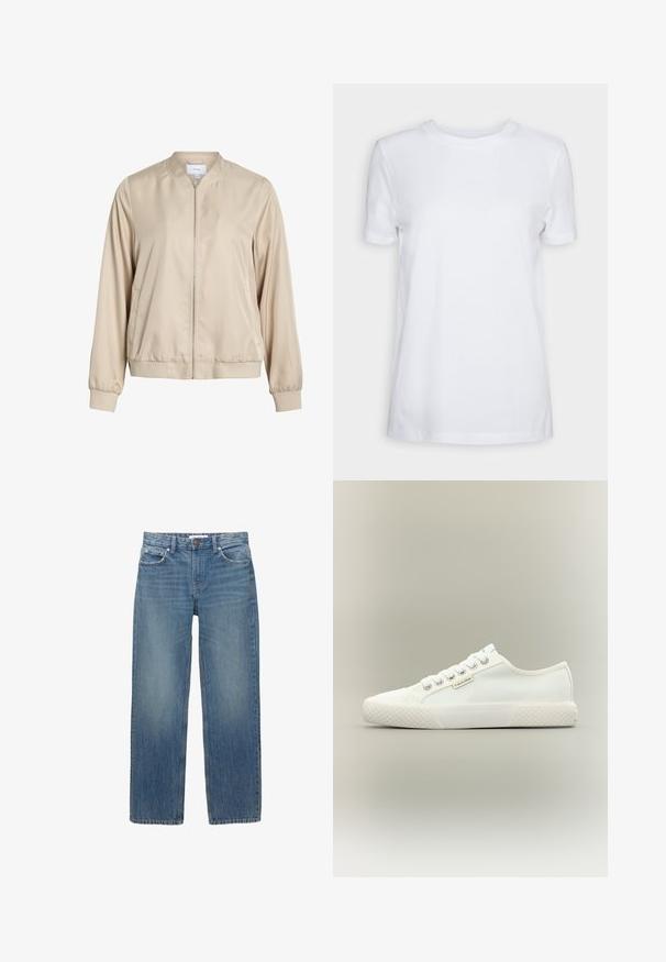 Beige bomberjakke lavet af glat stof, med rund halsudskæring, lynlås foran og elastiske manchetter og bund. Simpelt design uden mønstre.; Simpel hvid T-shirt med korte ærmer og rund hals, normal pasform og et lille indvendigt mærke på nakken med teksten "SELECTED FEMME."; Lysblå denimjeans med lige snit, fem lommer og hardware i kobberfarve. Stoffet har en let falmning og en glat tekstur.; Hvid lavtopet lærreds-sneaker med tekstureret gummisål, hvide snørebånd og lille Calvin Klein-mærke på siden.