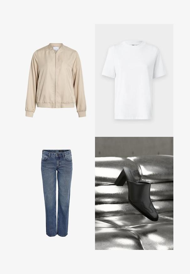Beige bomberjakke lavet af glat stof, med rund halsudskæring, lynlås foran og elastiske manchetter og bund. Simpelt design uden mønstre.; Hvid bomulds T-shirt med rund hals, kortærmet og en glat tekstur. Designet med en afslappet pasform for komfort og alsidighed.; Blå denim jeans med en lige benudskæring, der har et klassisk fem-lomme design, diskrete stikninger og en knaplukning.; Sort lædermule med blokhæl hvilende på en skinnende sølvpolstret overflade, der fremhæver dens elegante design og buede detaljer.