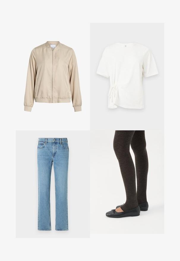 Beige bomberjakke lavet af glat stof, med rund halsudskæring, lynlås foran og elastiske manchetter og bund. Simpelt design uden mønstre.; Hvid bomuld T-shirt med korte ærmer, rund halsudskæring og samlet knudedetalje på venstre side. Glat tekstur og almindelig pasform.; Lysblå denimjeans med lige pasform, fem lommer, knap- og lynlåslukning samt subtil fading. Klassisk, enkelt design.; Ben iført mørke ribbede leggings kombineret med sorte balletsko med små sløjfedetaljer på hvid baggrund.