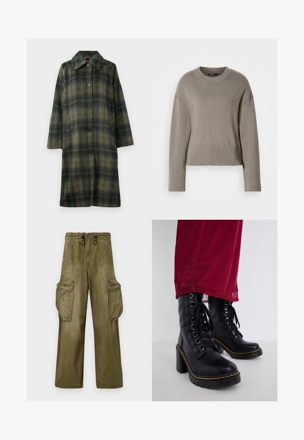 Grüner karierten Mantel mit Reverskragen, fünf schwarzen Knöpfen und mittellangem Design. Hergestellt aus strukturiertem Stoff mit horizontalen Streifen.; Hellgrauer, kurz geschnittener Pullover mit rundem Ausschnitt, überschnittenen Schultern und gerippten Ärmelbündchen sowie Saum. Weiche Textur, schlichtes Design.; Olivgrüne Cargo-Hosen mit lässiger Passform, elastischem Bund, Kordelzug, zwei seitlichen Taschen und zwei großen Cargo-Taschen. Leichte Abnutzung.; Schwarze Leder-Ankle-Boots mit einem klobigen Absatz, mit Schnürdesign, silbernen Ösen und gelben Nähten entlang der Sohle.