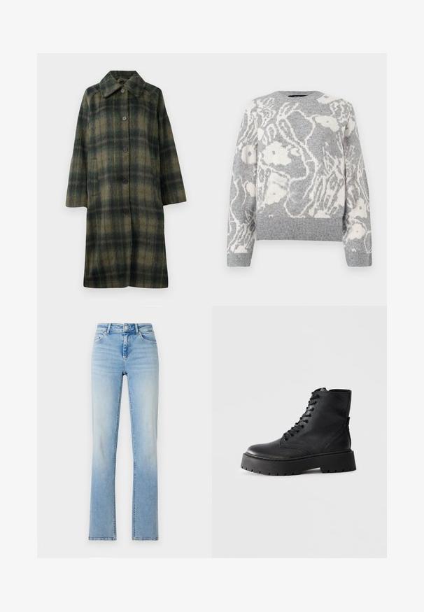 Grønternet frakke med spids krave, fem sorte knapper og design i midtlængde. Fremstillet af tekstureret stof med vandrette striber.; Grå strikket sweater med et hvidt blomstermønster, rund halsudskæring og ribbede manchetter og kant, fremstillet af blødt materiale.; Lyseblå denimjeans med høj talje, lige ben og subtilt slid. Har fem lommer og bæltestropper.; Sort læderkamp støvle med tyk sål og snørebånd fortil, vist i sideprofil på en hvid baggrund.