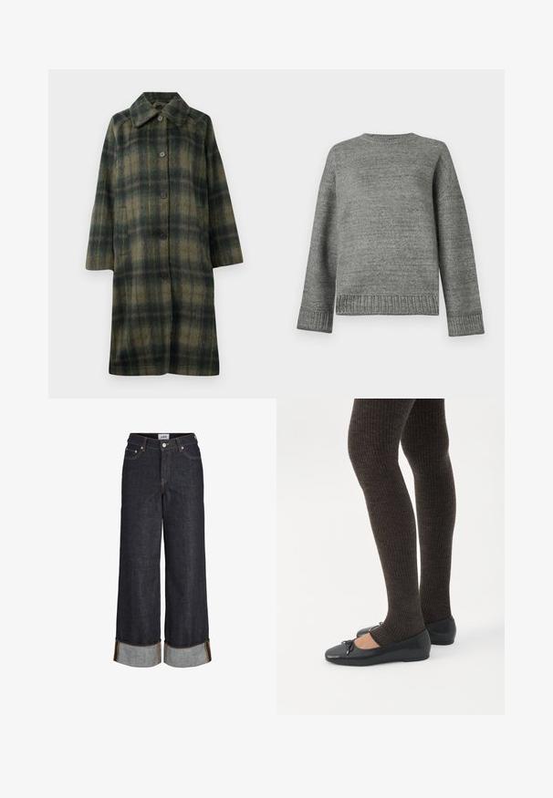 Grønternet frakke med spids krave, fem sorte knapper og design i midtlængde. Fremstillet af tekstureret stof med vandrette striber.; Grå strikket sweater med rund halsudskæring, sænkede skuldre og ribbede manchetter og kant. Glat tekstur med en ensfarvet overflade og minimal dekoration.; Mørkeblå jeans med brede ben og opbuk ved kanterne, fem lommer og kontrastfuld gul syning.; Ben iført mørke ribbede leggings kombineret med sorte balletsko med små sløjfedetaljer på hvid baggrund.