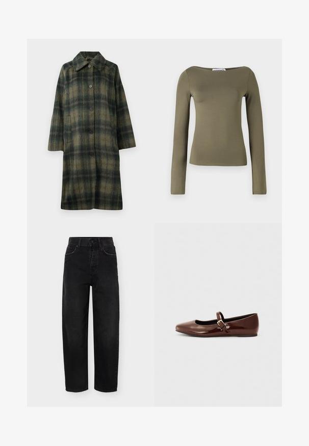 Abrigo de cuadros verdes con un cuello con muescas, cinco botones negros y un diseño de longitud media. Está hecho de una tela texturizada con rayas horizontales.; Top verde oliva de manga larga con un diseño ajustado, hecho de una tela suave y elástica con un escote ancho y costuras mínimas.; Vaqueros negros de talle alto y corte recto, con bragueta de botones, bolsillos delanteros y traseros, y trabillas para cinturón, exhibidos sobre un fondo liso.; Bailarina de charol marrón con punta cuadrada y tira que presenta una pequeña hebilla dorada. Textura suave, tacón bajo y diseño minimalista.