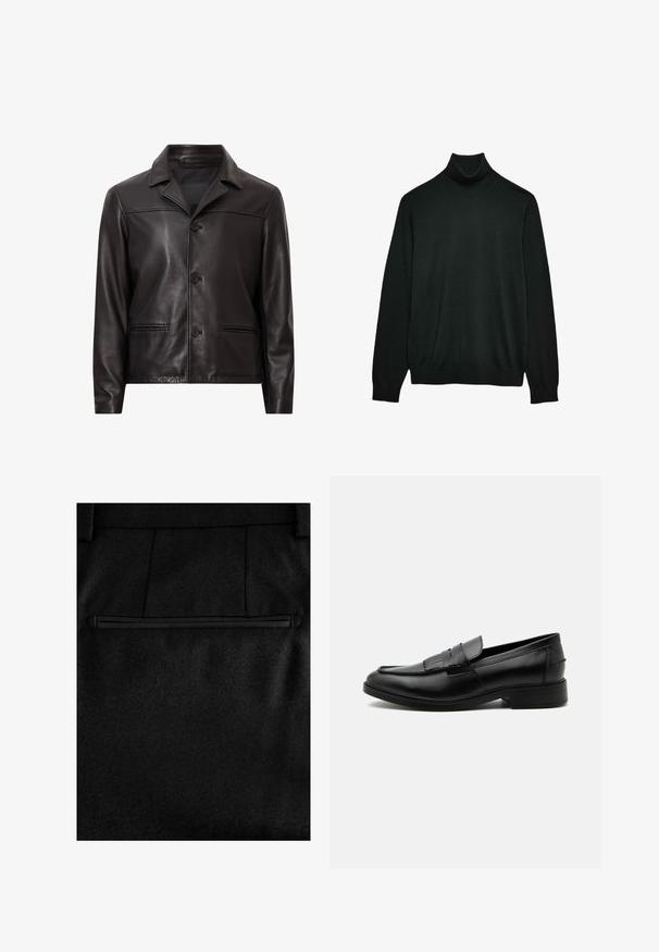Veste en cuir noir avec col, fermeture à boutons sur le devant et deux poches latérales. Texture lisse et design ajusté avec une coupe moderne.; Pull à col roulé noir en tissu tricoté doux et lisse, présentant un design ajusté, des manches longues et des accents côtelés au col et à l'ourlet.; Pantalons en tissu noir avec une texture douce, une poche arrière zippée et des coutures sur mesure pour un aspect ajusté.; Mocassin homme en cuir noir avec détail pompon, bout arrondi, talon bas et finition polie lisse, montré de profil sur fond blanc.