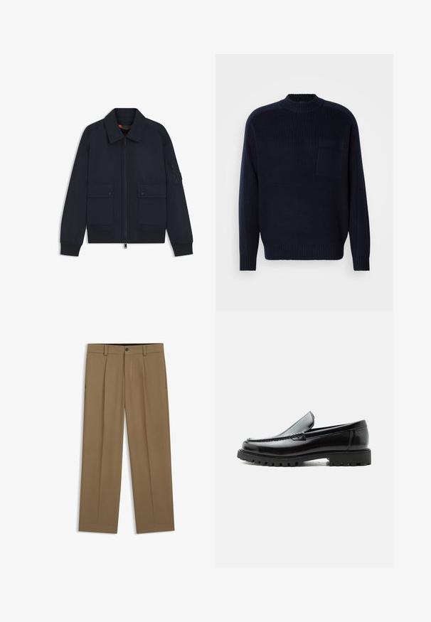 Veste bomber bleu marine avec fermeture éclair à l'avant, deux poches à boutons-pression, poignets et ourlet côtelés, et une poche zippée sur la manche gauche.; Pull en tricot bleu marine avec un col rond, des manches longues, une texture côtelée et une poche sur la poitrine. Tissu doux avec une coupe décontractée.; Pantalon droit marron avec passants de ceinture, bouton sur le devant et fermeture éclair, présenté à plat sur fond blanc.; Mocassin en cuir noir avec semelle en caoutchouc épaisse, dessus cousu et nom de marque embossé sur le talon, présenté de profil sur fond blanc.