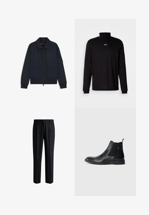 Marineblaue Bomberjacke mit Frontreißverschluss, zwei Taschen mit Druckknöpfen, gerippten Bündchen und Saum sowie einer Reißverschlusstasche am linken Ärmel.; Schwarzes Langarm-Turtleneck-Shirt aus glattem Stoff, mit einem weißen "HUGO"-Logo auf der Brust, eng anliegend an den Bündchen und dem Saum.; Schwarze Hose aus glattem Stoff, mit geradem Bein-Design, Falten vorne und einem Knopfverschluss mit Gürtelschlaufen.; Schwarze Leder Chelsea-Boots mit elastischen seitlichen Einsätzen, einer Zugschlaufe und einer flachen Gummisohle. Glatte Textur mit minimaler Ausgestaltung.