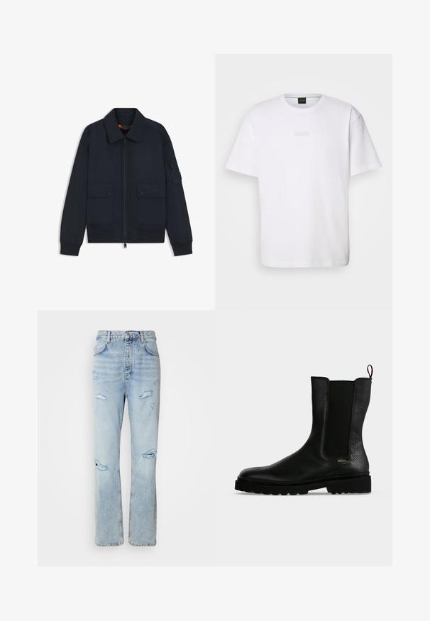 Veste bomber bleu marine avec fermeture éclair à l'avant, deux poches à boutons-pression, poignets et ourlet côtelés, et une poche zippée sur la manche gauche.; T-shirt en coton blanc à manches courtes, col rond, avec un logo « BOSS » en relief sur la poitrine. Texture lisse, coupe standard.; Jean en denim délavé avec une coupe décontractée, présentant des zones déchirées et des bords effilochés. Le tissu a une texture douce et lisse.; Bottine en cuir noir avec un panneau latéral élastique, une semelle épaisse et une languette à l’arrière, featuring un petit logo doré "Hugo" près du talon.