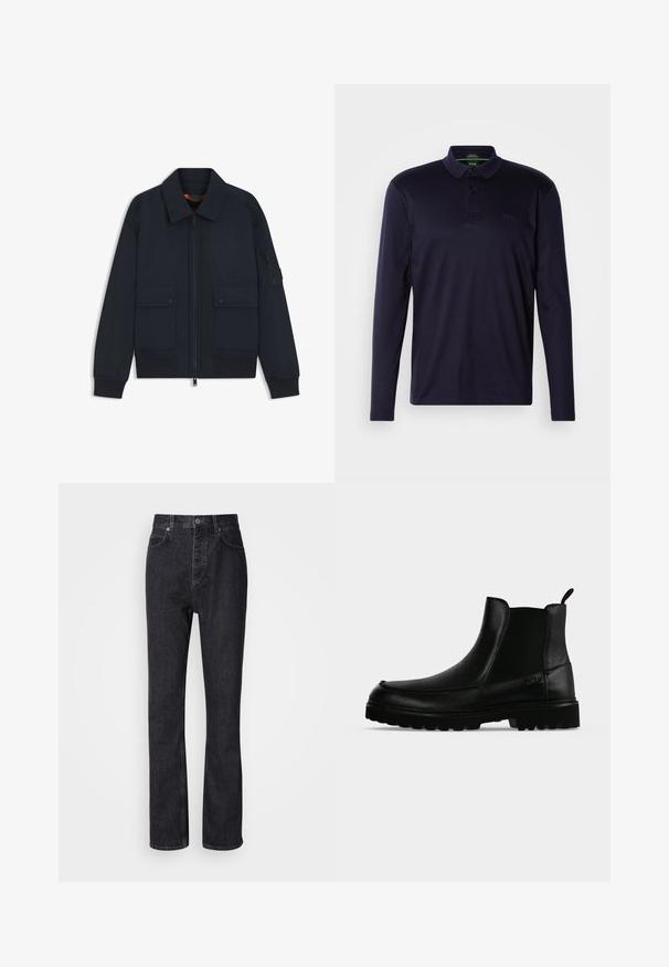 Veste bomber bleu marine avec fermeture éclair à l'avant, deux poches à boutons-pression, poignets et ourlet côtelés, et une poche zippée sur la manche gauche.; Polo à manches longues bleu marine en coton doux, avec une patte de boutonnage à trois boutons et un logo brodé sur la poitrine. Texture lisse.; Jean en denim noir taille haute avec fermeture à bouton et à glissière, poches avant et arrière, et coupe droite.; Bottine noire en cuir avec semelle texturée, panneaux latéraux élastiques et languette de tirage sur fond gris clair.