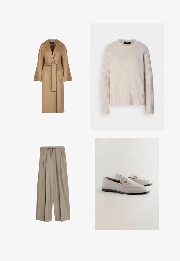 Abrigo de lana largo beige con cintura ceñida por un cinturón, mangas anchas, grandes bolsillos y cuello tipo chal. Textura suave con un diseño sencillo.; Suéter de punto beige claro con cuello redondo, mangas acanaladas y dobladillo acanalado. Fabricado con un material suave y de apariencia texturizada.; Pantalones beige de cintura alta con un ajuste relajado, que presentan pliegues y una cintura con cordón. El material parece texturizado y ligero.; Mocasines de cuero gris claro con un diseño elegante, que cuentan con detalles en tono dorado y una suela negra. Textura suave y forma de punta afilada.