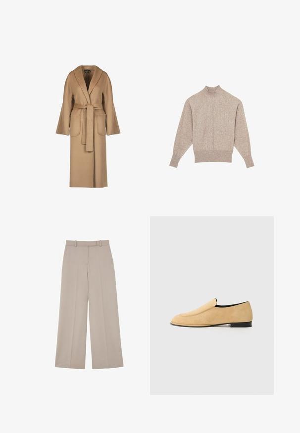 Beige, lang uldfrakke med bælte i taljen, vide ærmer, store lommer og sjalskrave. Glat tekstur med et enkelt design.; Lys beige strikket sweater med høj hals, ribbede manchetter og kant. Har en blød tekstur og sømløs design. Præsenteret i flad liggende position.; Beige bukser med vide ben, bæltestropper, forlommer og presning ned langs midten af hvert ben.; NEOUS POLARIS - Loafers - sand