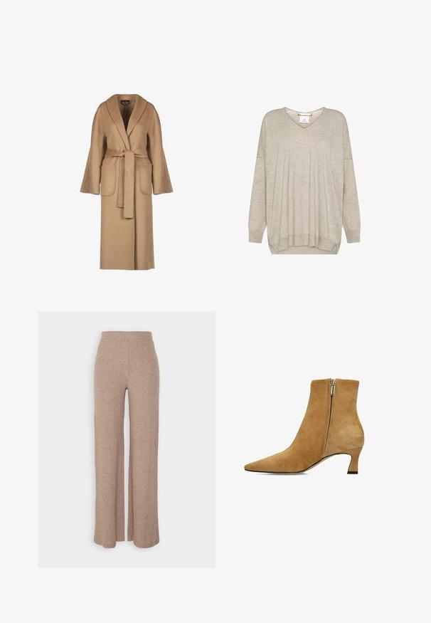 Beige, lange wollen jas met een ceintuur in de taille, wijde mouwen, grote zakken en een sjawlboord. Gladde textuur met een eenvoudig ontwerp.; Lichtbeige lange mouw gebreide trui met V-hals en geribde boorden en zoom, met een licht losse pasvorm en aflopende schoudernaden.; Beige geribbelde wijde broek met een hoge tailleband en zachte textuur, met een losse pasvorm en zonder zichtbare sluitingen.; Tan suède enkellaars met puntige neus, kittenhak van gemiddelde hoogte en ritssluiting aan de zijkant.