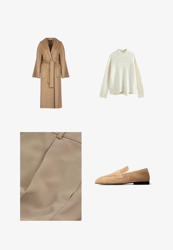 Beige, lang uldfrakke med bælte i taljen, vide ærmer, store lommer og sjalskrave. Glat tekstur med et enkelt design.; Cremefarvet sweater med ribbet høj hals, lange ærmer og en afslappet pasform. Struktureret strikstof og ribbestykke detalje i bunden.; Reiss PETITE FIT - EDEN ELASTICATED WAIST WIDE - Bukser - mink neutral; Lysebrun ruskindsløs loafer med en lav sort hæl og en bred remdetalje tværs over toppen, vist i sideprofil på hvid baggrund.