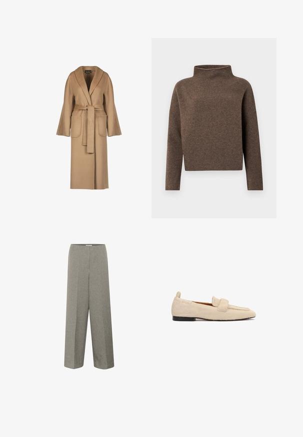 Abrigo de lana largo beige con cintura ceñida por un cinturón, mangas anchas, grandes bolsillos y cuello tipo chal. Textura suave con un diseño sencillo.; Suéter marrón, recortado, con cuello alto y plegado, mangas largas y una tela suave y texturizada. Diseño minimalista sin hardware visible.; Soaked in Luxury SLLILU CORINNE WIDE LONG PANTS - Pantalones - grey melange suiting; Mocasín plano beige con superficie texturizada similar a piel de animal, suela negra y una amplia correa sobre la parte superior del zapato.