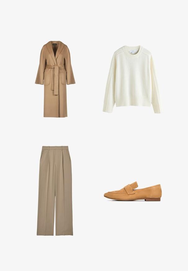 Abrigo de lana largo beige con cintura ceñida por un cinturón, mangas anchas, grandes bolsillos y cuello tipo chal. Textura suave con un diseño sencillo.; Next CREW NECK - Jersey de punto - ecru; Reiss EDEN HALF ELASTICATED WIDE LEG - Pantalones - mink neutral; Mocasines de ante color arena con tacón plano, punta redondeada y una tira cosida en el empeine para un acabado refinado.