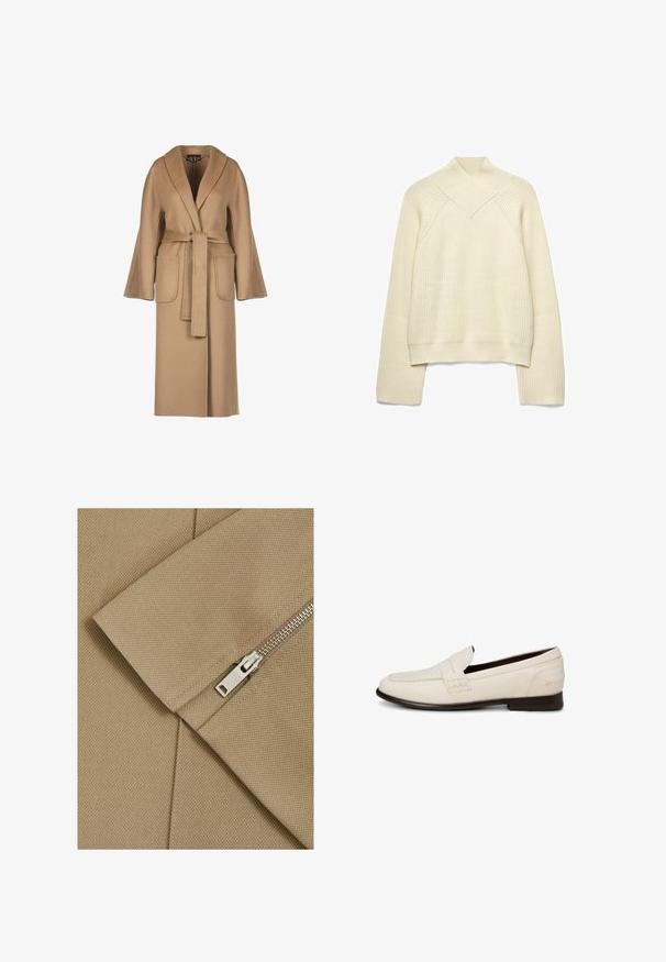 Beige, lange wollen jas met een ceintuur in de taille, wijde mouwen, grote zakken en een sjawlboord. Gladde textuur met een eenvoudig ontwerp.; Roomkleurige gebreide trui met lange mouwen en een brede geribde overslag sjaalkraag op een witte achtergrond.; Beige stof met een textuur oppervlak en diagonale naad, met een zilveren rits met een rechthoekige trekker.; Witte leren instaploafer met een donkere zool, stikdetails en een band over de bovenzijde op een effen achtergrond.