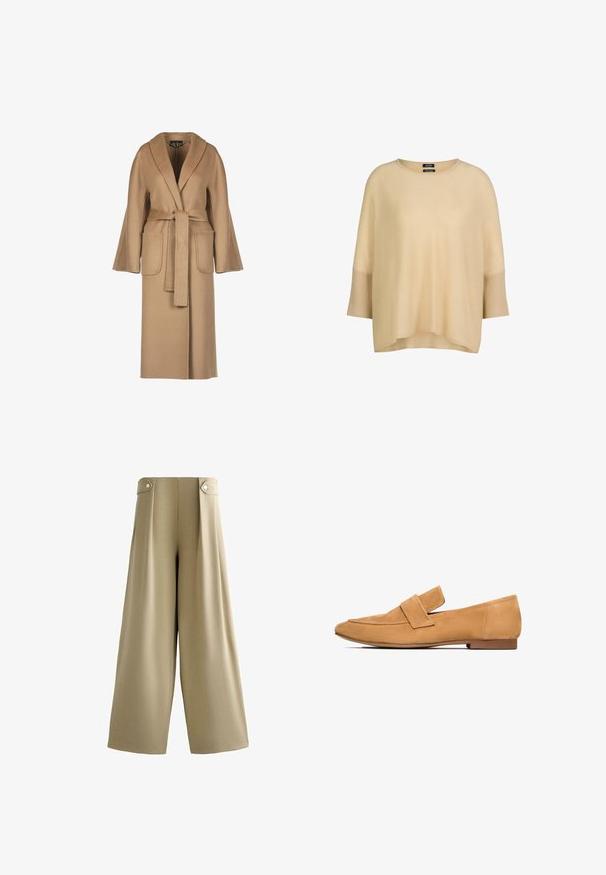 Beige, lange wollen jas met een ceintuur in de taille, wijde mouwen, grote zakken en een sjawlboord. Gladde textuur met een eenvoudig ontwerp.; Beige gebreide trui met een losse pasvorm, ronde hals en brede halve mouwen met geribde boorden, getoond op een effen witte achtergrond.; Beige wijde broek met hoge taille en knoopsluitingen aan beide zijden van de tailleband, glad voorpand en volledig lange zoom.; Tan suède instappers met een platte hak, ronde neus en een gestikte band over de wreef voor een verfijnde afwerking.