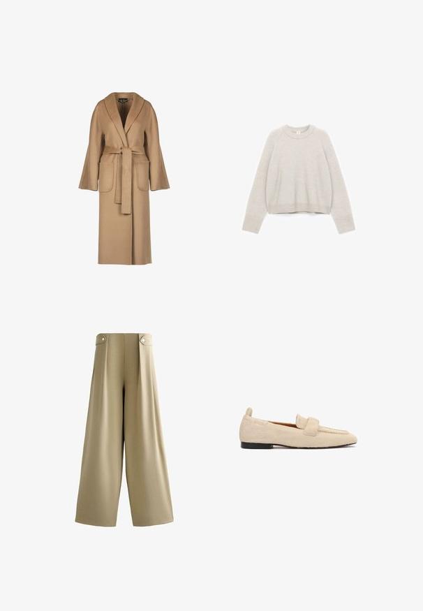Beige, lang uldfrakke med bælte i taljen, vide ærmer, store lommer og sjalskrave. Glat tekstur med et enkelt design.; Lysegrå cropped sweater lavet af blødt strikket materiale med rund halsudskæring, ribstrikkede manchetter og en afslappet pasform.; Beige bukser med vide ben, højtaljede og med knappede stropper på hver side af taljebåndet, glat front og fuld længde benafslutning.; Beige flad loafer med en tekstureret, pelslignende overflade, sort sål og en bred rem tværs over skoens øverste del.