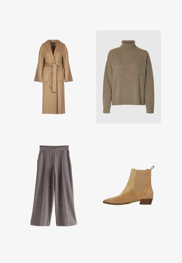 Beige, lange wollen jas met een ceintuur in de taille, wijde mouwen, grote zakken en een sjawlboord. Gladde textuur met een eenvoudig ontwerp.; Turtlenecktrui in een zachte bruine brei. Heeft brede ribgebreide manchetten en zoom, met een relaxte pasvorm en een gestructureerd oppervlak.; Grijze broek met wijd uitlopende pijpen van een zachte stof, voorzien van een platte tailleband, voorplooien en zijzakken. Eenvoudig en veelzijdig ontwerp.; Beige suède enkellaars met een spitse neus, elastische zijpanelen en een lage gestapelde hak. Gladde textuur en minimalistische ontwerpelementen.
