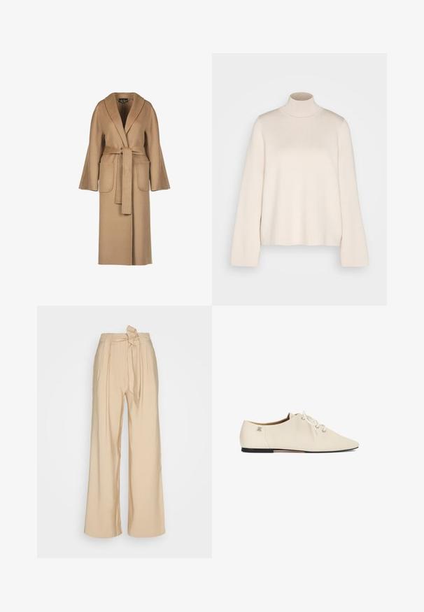 Abrigo de lana largo beige con cintura ceñida por un cinturón, mangas anchas, grandes bolsillos y cuello tipo chal. Textura suave con un diseño sencillo.; Jersey de cuello alto en color crema con mangas largas, confeccionado en un suave tejido de punto. Presenta un cuello ajustado y una silueta relajada. Sin patrones ni adornos visibles.; Pantalones beige de pierna ancha en una tela suave, con un detalle de cintura atada y pliegues en la parte delantera para una forma estructurada.; Zapato plano minimalista de cuero color blanco roto con cordones, punta afilada, suela negra y pequeño logo metálico cerca del talón.