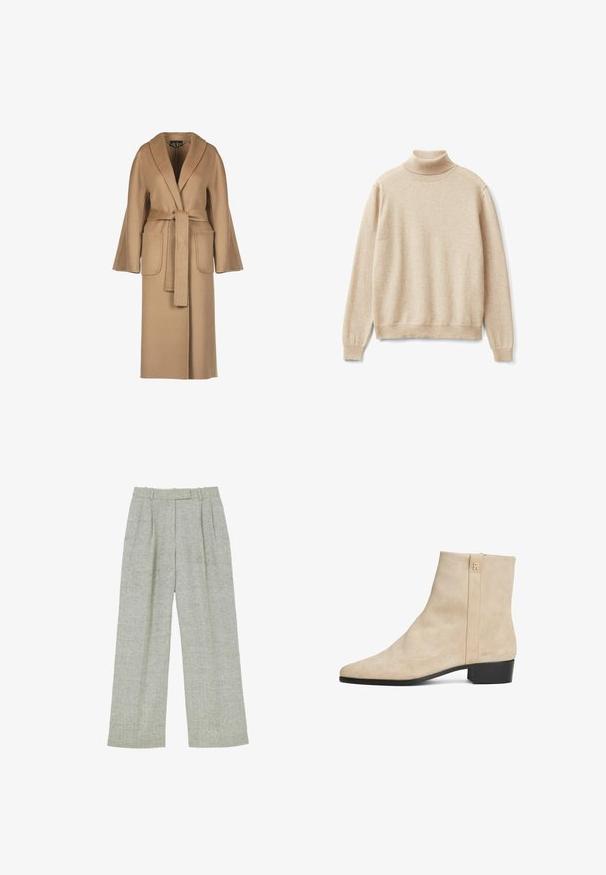 Abrigo de lana largo beige con cintura ceñida por un cinturón, mangas anchas, grandes bolsillos y cuello tipo chal. Textura suave con un diseño sencillo.; Suéter de cuello alto beige hecho de un suave tejido de punto, con un collar y puños acanalados, y un corte holgado con un dobladillo recto.; Pantalones de pierna ancha gris claro con un patrón de espiga, talle alto, trabillas para cinturón y pliegues delanteros.; Botín de ante beige hasta el tobillo con punta afilada, diseño minimalista y un tacón bajo negro. Presenta una cremallera trasera y un hardware de logo discreto.
