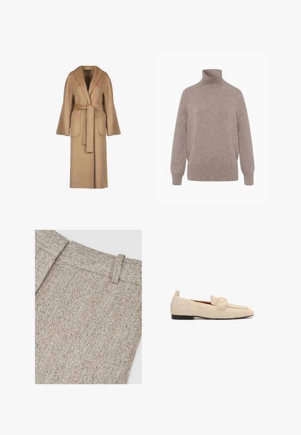 Beige, lange wollen jas met een ceintuur in de taille, wijde mouwen, grote zakken en een sjawlboord. Gladde textuur met een eenvoudig ontwerp.; Beige gebreide coltrui met lange mouwen, geribde manchetten, zoom en kraag, afgebeeld op een witte achtergrond.; Visgraatpatroon stof in tinten beige en grijs, voorzien van een gestructureerde tailleband en een verfijnde weefstructuur.; Beige platte loafer met een gestructureerd, bontachtig oppervlak, zwarte zool en een brede band over het bovenste deel van de schoen.