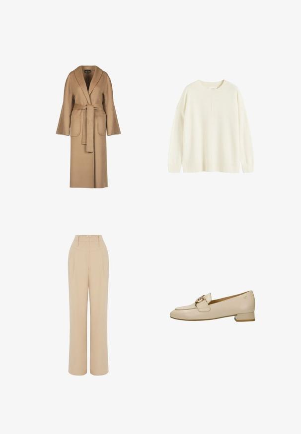 Beige, lange wollen jas met een ceintuur in de taille, wijde mouwen, grote zakken en een sjawlboord. Gladde textuur met een eenvoudig ontwerp.; Ivoor gebreide sweater met een ronde halslijn, ingezette schoudernaad en geribbelde zoom. Bevat een centraal naaddetail en een zachte textuur.; Beige wijde broek met hoge taille, voorzien van voorplooien en riemlussen. Glad stof met een op maat gemaakte, rechte snit.; Beige leren loafer met lage hak, voorzien van een goudkleurige metalen gespsluiting en een kleine blokhak, zijaanzicht op een witte achtergrond.