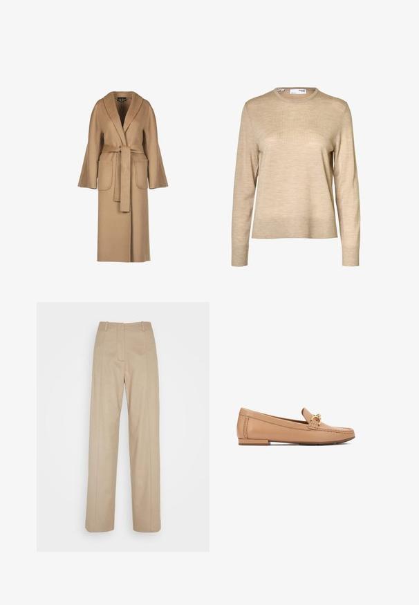 Beige, lang uldfrakke med bælte i taljen, vide ærmer, store lommer og sjalskrave. Glat tekstur med et enkelt design.; Beige langærmet uldsweater med rund hals og ribstrikkede manchetter og kant, vist mod en hvid baggrund.; Calvin Klein TAILORED STRAIGHT PANT - Bukser - cinder; Lysebrune læder loafers med guldfarvet hardware, flad sål og syning langs siderne. Glat tekstur.