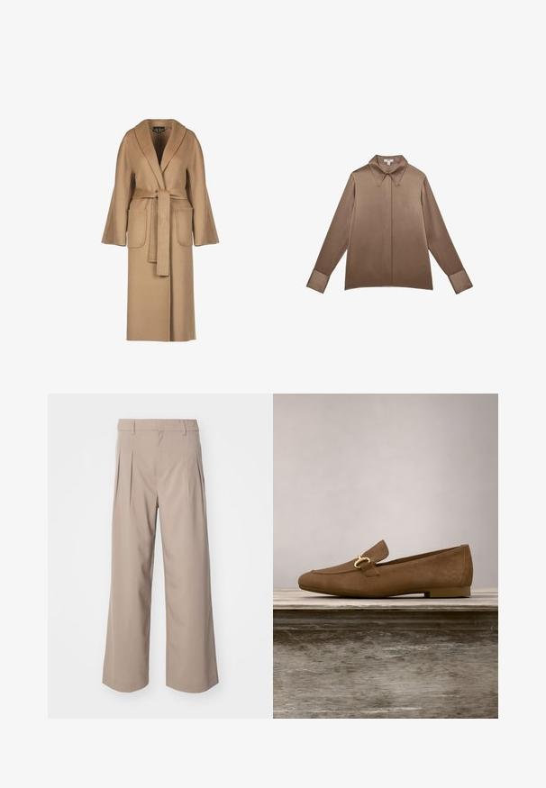 Beige, lang uldfrakke med bælte i taljen, vide ærmer, store lommer og sjalskrave. Glat tekstur med et enkelt design.; Brun satinbluse med lange ærmer, bred spids krave og skjulte knapper foran, vist fladt mod en hvid baggrund.; Beige brede bukser med læg, lavet af glat stof. Har en mellemhøj talje og en ren, skræddersyet silhuet.; Brun ruskindslipper med guldfarvet hestebidsdetalje, ophængt over en træbænk med grøn græs i baggrunden.
