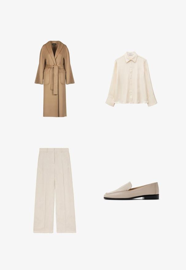 Beige, lange wollen jas met een ceintuur in de taille, wijde mouwen, grote zakken en een sjawlboord. Gladde textuur met een eenvoudig ontwerp.; Crèmekleurige zijden blouse met lange mouwen, puntkraag en knoopsluiting aan de voorkant, weergegeven op een effen witte achtergrond. Geen zichtbare patronen of ontwerpen.; Beige wijde broek met riemlussen en voorplooien, plat liggend weergegeven op een witte achtergrond.; Beige leren loafers met een gladde textuur, ronde neus en minimale stiksels. Voorzien van een lage zwarte hak en een insteekontwerp.