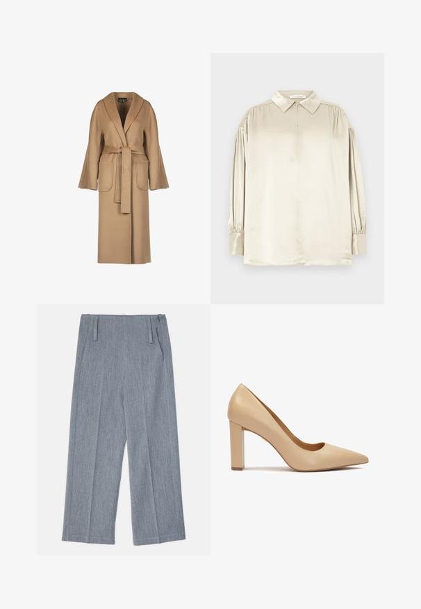 Abrigo de lana largo beige con cintura ceñida por un cinturón, mangas anchas, grandes bolsillos y cuello tipo chal. Textura suave con un diseño sencillo.; Blusa de satén beige de manga larga con cuello puntiagudo, puños con botones y sutiles recogidos en los hombros, extendida y plana.; Pantalones de pierna ancha en gris claro, hechos de una tela texturizada, que presentan dos pliegues frontales y dos bolsillos laterales. Diseño limpio y a medida.; Zapato de tacón beige de cuero con punta afilada, textura suave, lados abiertos y un tacón ancho. El tacón tiene un ligero acento translúcido.