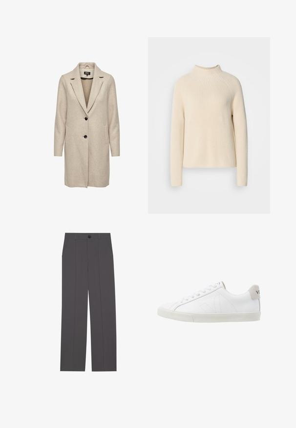 Beige uld-blend frakke med en skræddersyet design, med klapkrave, tre sorte knapper og to frontlommer. Lange ærmer og mellemlang længde.; Cremefarvet strikket sweater med høj krave, lange ærmer, ribbet tekstur og en afslappet pasform. Har sømløse raglanærmer.; Grå bukser med lige ben design, der har to side lommer og en knaplukning. Glat stof uden synlige mønstre eller detaljer.; Hvide lædersneakers med en struktureret off-white gummi sål. Funktioner inkluderer snørebånd, diskrete sømme og en grå ruskindsdetalje ved hælen.