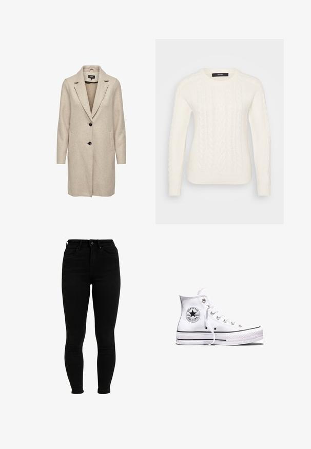 Beige uld-blend frakke med en skræddersyet design, med klapkrave, tre sorte knapper og to frontlommer. Lange ærmer og mellemlang længde.; Hvid strikket sweater med et struktureret kabelmønster, rund halsudskæring og ribbede manchetter og kant. Lavet af et blødt, varmt materiale.; Sorte skinny jeans lavet af denim, med høj talje, fem-lommes design og en tætsiddende silhuet med en ren afslutning.; Hvid Converse Chuck Taylor All Star højt snøresko med sorte striber og logoemblem på siden, vist mod en ensfarvet hvid baggrund.