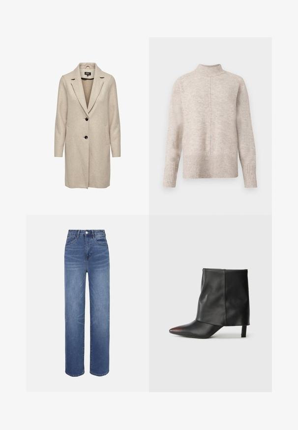 Beige uld-blend frakke med en skræddersyet design, med klapkrave, tre sorte knapper og to frontlommer. Lange ærmer og mellemlang længde.; Lyse beige sweater med høj hals, der har et struktureret strik, ribbet kant og manchetter samt en midterseam, der løber lodret ned ad fronten.; Lyseblå denimjeans med højtaljet, lige ben, fem-lomme-design og subtile falmede detaljer i hele stoffet.; Sort ankelstøvle lavet af glat læder med spids tå og tilspidset hæl. Overdelen har et let rynket design.