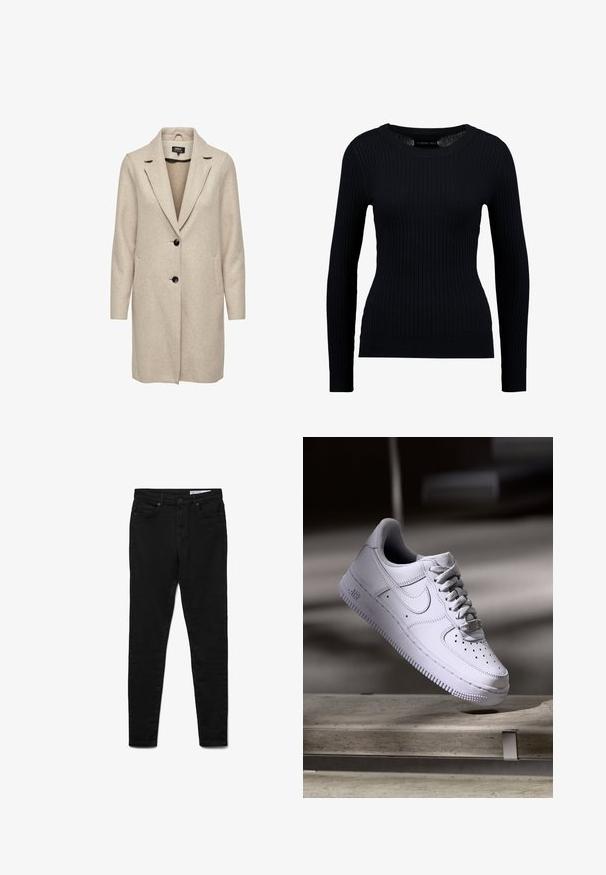 Beige uld-blend frakke med en skræddersyet design, med klapkrave, tre sorte knapper og to frontlommer. Lange ærmer og mellemlang længde.; Sort ribbet langærmet sweater med rund halsudskæring og tætsiddende silhuet. Teksturen er glat med en subtil strækbarhed.; Sorte denimjeans med en slank pasform, der har talje i midjehøjde, fem lommer, lukning med metalknap og diskrete syningsdetaljer.; Hvid Nike Air Force 1 sneaker svævende over en betonoverflade med skygger i et minimalistisk miljø.