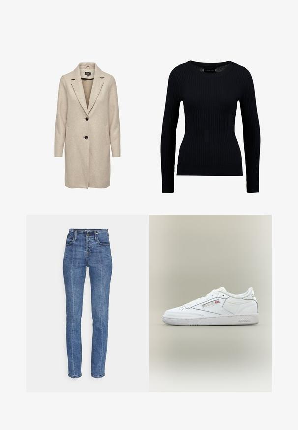 Beige uld-blend frakke med en skræddersyet design, med klapkrave, tre sorte knapper og to frontlommer. Lange ærmer og mellemlang længde.; Sort ribbet langærmet sweater med rund halsudskæring og tætsiddende silhuet. Teksturen er glat med en subtil strækbarhed.; Højtaljede blå denim jeans med en slim fit, fem lomme design og svage vertikale sy detaljer. Klassisk knap- og lynlåslukning.; Hvid Reebok low-top sneaker med syningsdetaljer, perforeringer nær tæerne og Reebok-logo med et lille Union Jack på siden.