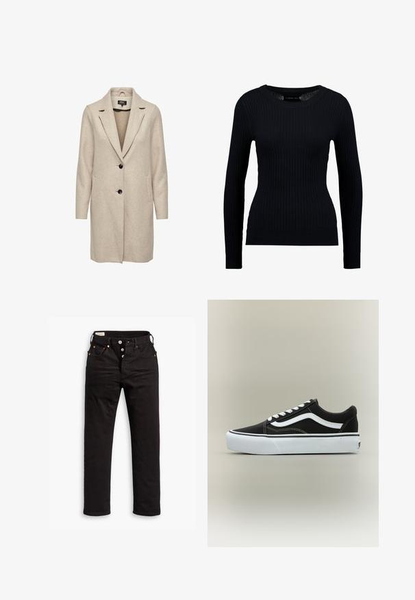 Beige uld-blend frakke med en skræddersyet design, med klapkrave, tre sorte knapper og to frontlommer. Lange ærmer og mellemlang længde.; Sort ribbet langærmet sweater med rund halsudskæring og tætsiddende silhuet. Teksturen er glat med en subtil strækbarhed.; Sorte lige jeans med knaplukning, front- og baglommer samt kobbernitte detaljer på en hvid baggrund.; Lavtop sort sneaker med hvid side stribe, hvide snørebånd, hvid gummisål og tekstureret tåhætte på neutral baggrund.