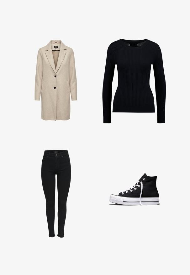 Beige uld-blend frakke med en skræddersyet design, med klapkrave, tre sorte knapper og to frontlommer. Lange ærmer og mellemlang længde.; Sort ribbet langærmet sweater med rund halsudskæring og tætsiddende silhuet. Teksturen er glat med en subtil strækbarhed.; Sorte denim skinny jeans med høj talje, fem lommer og rå kant. Stof med let stræk for en tætsiddende pasform.; Sort high-top canvas sneaker med hvid gummisål og hvide snørebånd, vist fra siden mod en hvid baggrund.