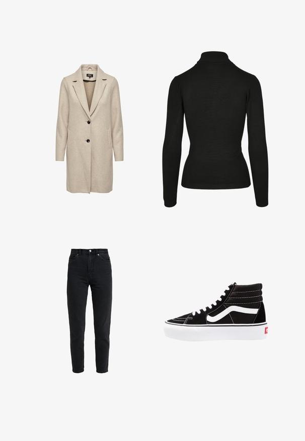 Beige uld-blend frakke med en skræddersyet design, med klapkrave, tre sorte knapper og to frontlommer. Lange ærmer og mellemlang længde.; Sort turtleneck sweater lavet af blødt stof, med lange ærmer, ribbet hals og en tætsiddende design med minimal detaljer.; High-waist sort denim jeans med forreste knap og lynlås, to forlommer og en tilspidset ben foran på en hvid baggrund.; Sorte høj-top sneakers med hvide snørebånd, et hvidt logo og kontrasterende hvid syning. Har en tyk hvid sål og struktureret ruskindsoverdel.