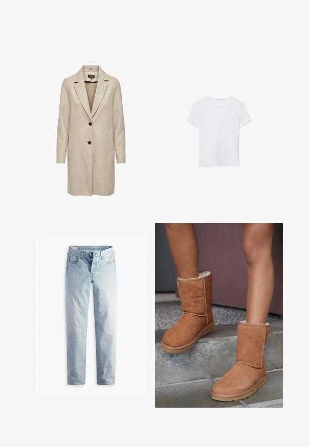 Beige uld-blend frakke med en skræddersyet design, med klapkrave, tre sorte knapper og to frontlommer. Lange ærmer og mellemlang længde.; Hvid kortærmet t-shirt lavet af blødt stof. Har en rund halsudskæring og et simpelt, rent design med en lige underkant.; Lyseblå denimjeans med lige ben, fem lommer og metal-knapper i en standard livvidde.; Brune ruskind ankelstøvler med rund tå, blødt foer og gummisål, der har synlige stikninger langs sømmene.