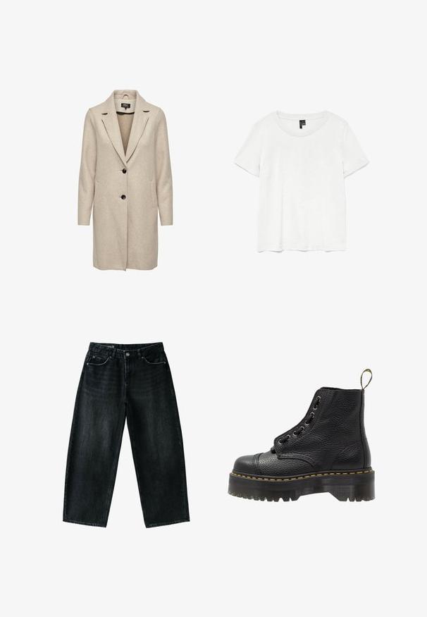 Beige uld-blend frakke med en skræddersyet design, med klapkrave, tre sorte knapper og to frontlommer. Lange ærmer og mellemlang længde.; Hvid kortærmet t-shirt med rund halsudskæring, lavet af letvægtsstof. Enkel design, glat tekstur og lige kant.; Sorte vidde jeans i denim med forreste knap og lynlås, bæltestropper og fem-lomme design på hvid baggrund.; Sorte læder ankelstøvler med tekstureret overflade, rund tå, snørebåndsdesign, gule stikninger og en tyk, rillet sort platformsål.