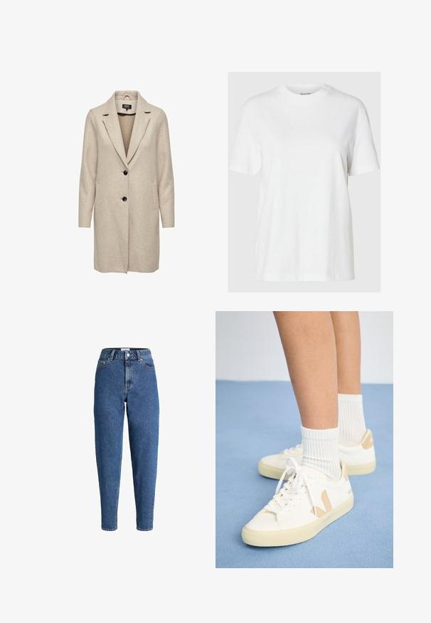 Beige uld-blend frakke med en skræddersyet design, med klapkrave, tre sorte knapper og to frontlommer. Lange ærmer og mellemlang længde.; Hvid bomuld t-shirt med korte ærmer og rund halsudskæring. Har en afslappet pasform og et minimalistisk design uden mønstre eller accenter.; Blå denimjeans med høj talje og lige ben, med klassisk fem-lommers design, lynlås og lukning med metalknap.; Hvide sneakers med brune detaljer, rund tå og hvide snørebånd. Båret sammen med ribbede hvide strømper, sat mod en lys blå baggrund.