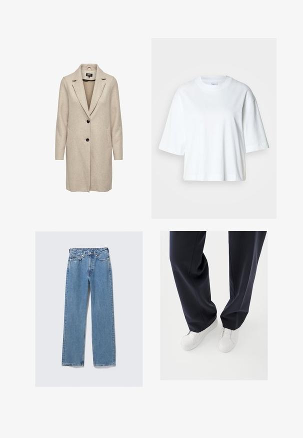 Beige uld-blend frakke med en skræddersyet design, med klapkrave, tre sorte knapper og to frontlommer. Lange ærmer og mellemlang længde.; Hvid cropped t-shirt med korte ærmer, rund halsudskæring, lavet af blødt bomuldsmateriale, med et enkelt og rent design.; Blå, høj-taljede, straight-leg denimjeans med frontknap, lynlås, bæltestropper og fem-lommer design på en ensartet lys baggrund.; Hvide sneakers med teksturerede gummisåler og flade snørebånd, kombineret med mørkeblå bukser i løs, glat stof og skræddersyet pasform.