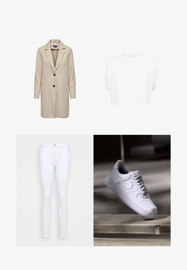 Beige uld-blend frakke med en skræddersyet design, med klapkrave, tre sorte knapper og to frontlommer. Lange ærmer og mellemlang længde.; Hvid cropped t-shirt, korte ærmer, rund halsudskæring, lavet af blødt stof, uden synlige mønstre eller distinkt hardware.; Hvide skinny jeans lavet af denim, med høj talje, fem lommer, knaplukning og en glat, ensartet overflade.; Hvid Nike Air Force 1 sneaker svævende over en betonoverflade med skygger i et minimalistisk miljø.