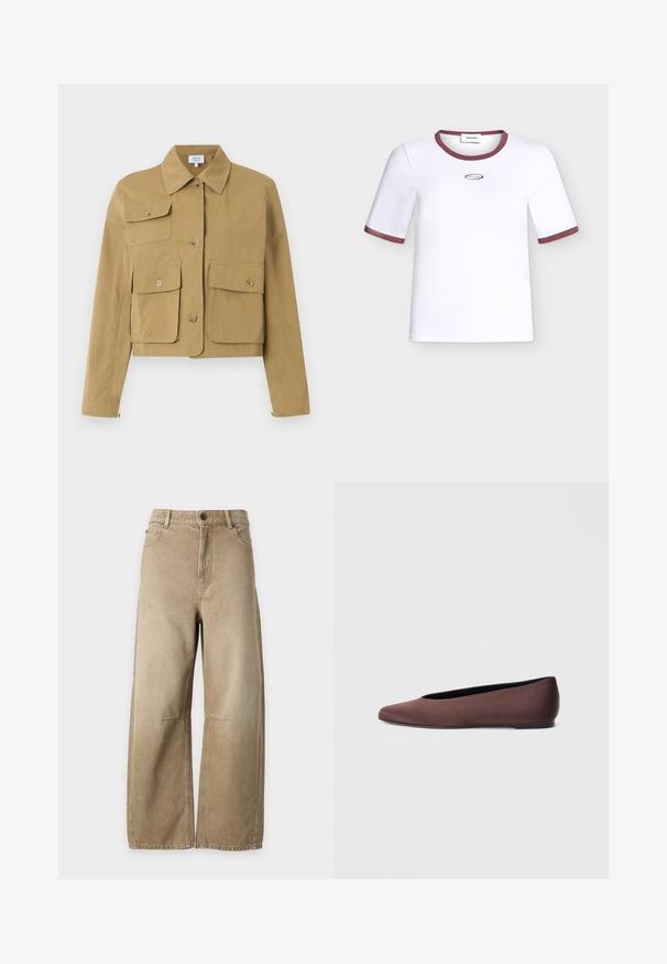 Veste courte beige avec fermeture boutonnée à l'avant, trois poches à rabat avec boutons, et un col classique.; T-shirt blanc à manches courtes avec bordure bordeaux sur le col et les bords des manches, ornée d'un petit logo ovale avec texte sur la poitrine.; Jean denim beige à jambes larges avec bouton à l’avant, fermeture éclair, poches avant et coutures visibles sur un fond clair uni.; Ballerines en tissu marron avec un bout pointu et une texture lisse, dotées d'un talon bas et d'une fine semelle noire. Aucune motif ni élément métallique visible.