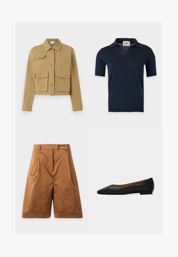 Veste courte beige avec fermeture boutonnée à l'avant, trois poches à rabat avec boutons, et un col classique.; Chemise en maille bleu marine à manches courtes avec un petit col ouvert et un col en V, présentée sur un fond gris clair uni.; Shorts marron longueur genou avec poches latérales et passants de ceinture, en tissu lisse, présentés sur un fond gris clair uni.; Chaussure plate en cuir noir à bout pointu avec talon bas et finition lisse, vue de côté sur un fond gris clair.