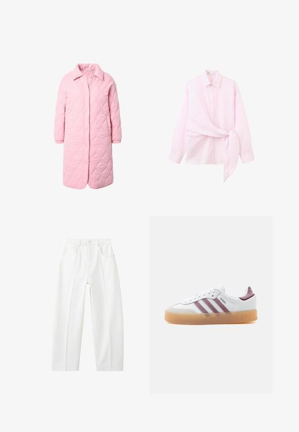 Lichtroze gewatteerde jas met een kraag, drukknoopsluiting, lange mouwen en zijzakken. Heeft een golvende textuur gedurende de hele jas.; Lichtroze blouse met lange mouwen en knopen, subtiele strepen en een stoffen strikdetail aan de rechterkant ter hoogte van de taille.; Witte, rechte spijkerbroek met hoge taille, voorzakken, riemlussen en een knoopsluiting.; Witte lage sneaker met een bruine gumzool, mauve suède strepen en hielaccenten, met het label "SAMBA" op het zijpaneel.