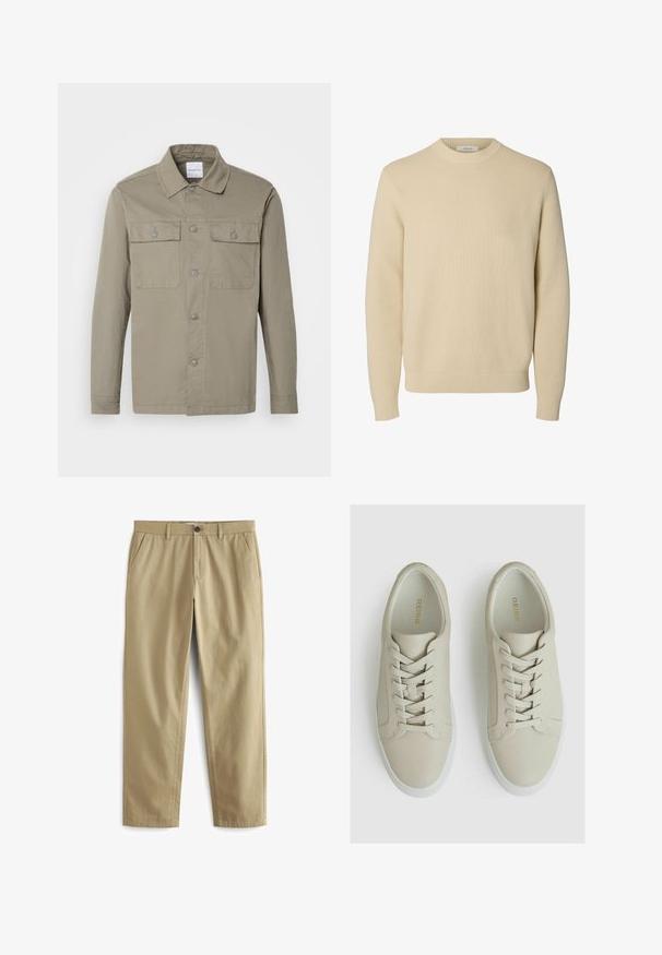Langærmet skjorte i olivengrøn med krave og to brystlommer med knapper, lagt fladt på en lys baggrund.; Enkel beige crewneck striktrøje med lange ærmer og ribstrikkede manchetter og kant.; Beige bukser lavet af en bomuldsblanding, med knaplukning, to forlommer og lige ben med minimal tekstur.; Lys beige lædersneakers med en struktureret overflade, der har seks øjer, flade snørebånd og en hvid gummisål. Guld branding indeni.