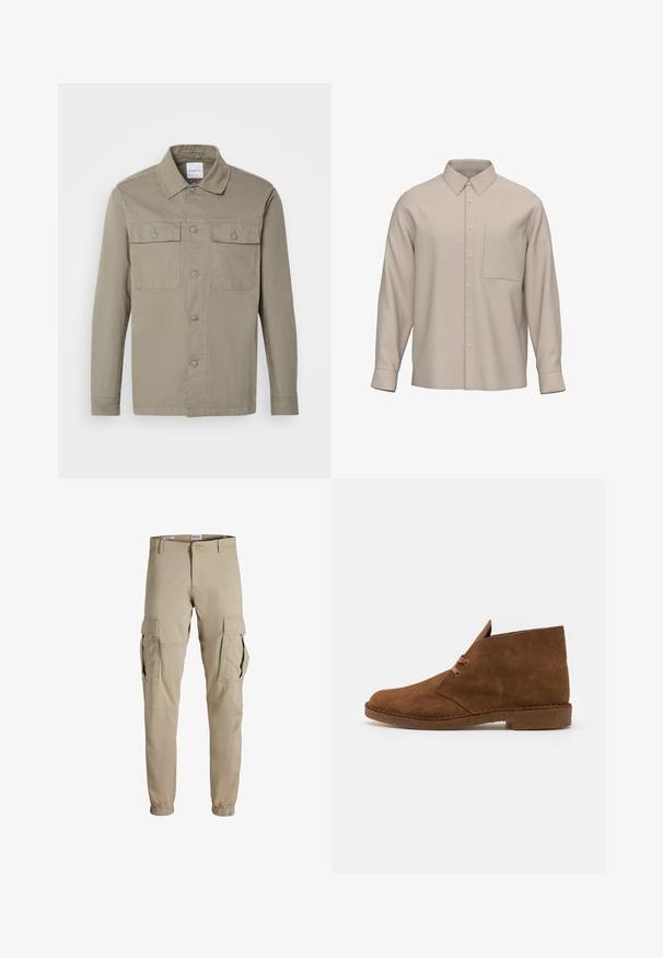 Camisa de manga larga color verde oliva con cuello y dos bolsillos en el pecho con botones, extendida sobre un fondo claro.; Camisa beige de manga larga con botones, cuello puntiagudo y un bolsillo en el pecho, mostrada sobre fondo blanco.; Pantalones cargo beige hechos de una tela ligera, con múltiples bolsillos laterales, puños elásticos y una cinturilla estándar. Textura lisa en toda la prenda.; Botas de ante marrón hasta el tobillo con punta redondeada, costuras mínimas, una lengüeta corta y suela de goma para tracción.